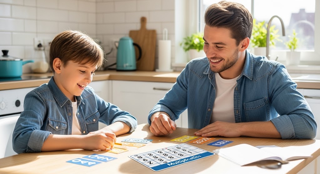 Kinder spielen gemeinsam Mathematik-Spiele mit Würfeln, Karten und Sudoku